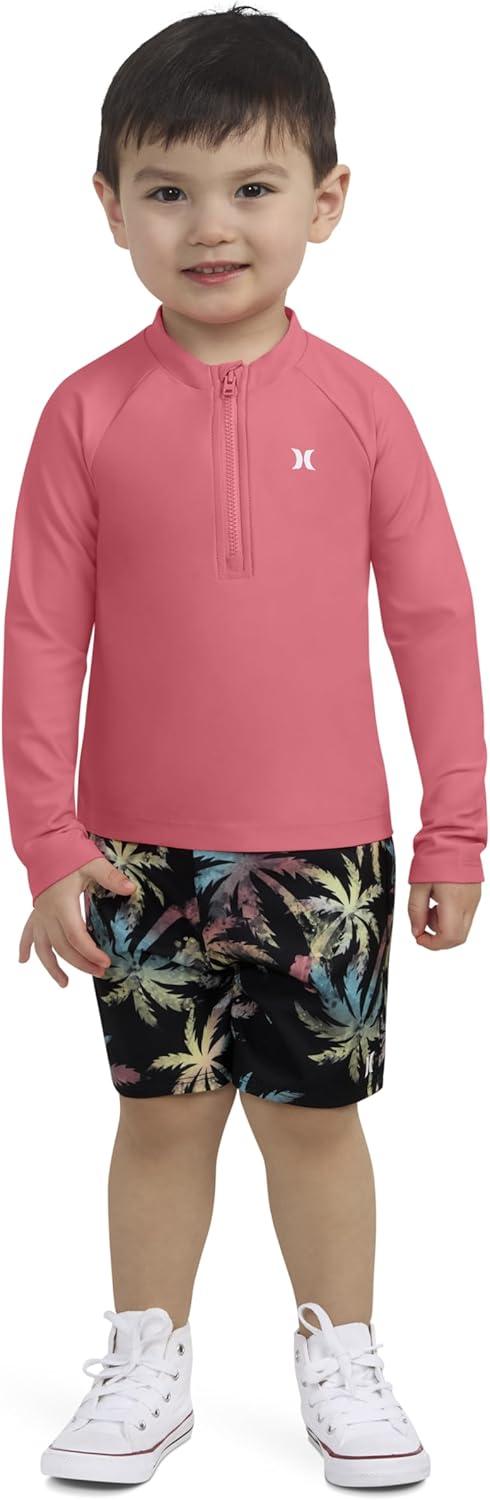 imageHurley Boys Long Sleeve Rash Guard Swim Suit 2Piece Outfit SetRedMulti Palms