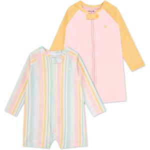 imageHurley Unisex Baby 2Pack Long Sleeve Rash Guard CoverallPale Ivory StripePink