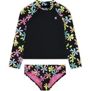 imageHurley Girls Long Sleeve Rash Guard 2Piece SwimsuitBlackMulti Floral