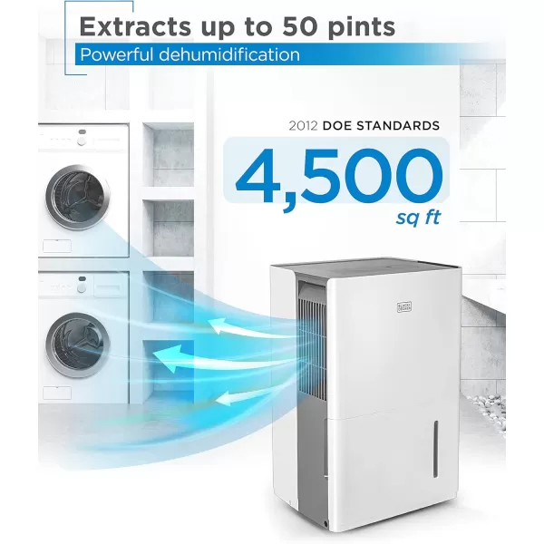 BLACK+DECKER 4500 Sq. Ft. Dehumidifier with Built-In Drain Pump for Continuous Drainage, for Large Spaces and Basements, Energy Star, Digital, BD50PMWSA, White