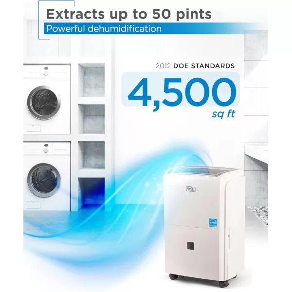 BLACK+DECKER 4500 Sq. Ft. Dehumidifier with Built-In Drain Pump for Continuous Drainage, for Large Spaces and Basements, Energy Star, Digital, BD50PMWSA, White