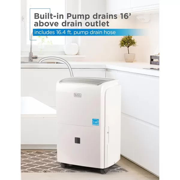 BLACK+DECKER 4500 Sq. Ft. Dehumidifier with Built-In Drain Pump for Continuous Drainage, for Large Spaces and Basements, Energy Star, Digital, BD50PMWSA, White