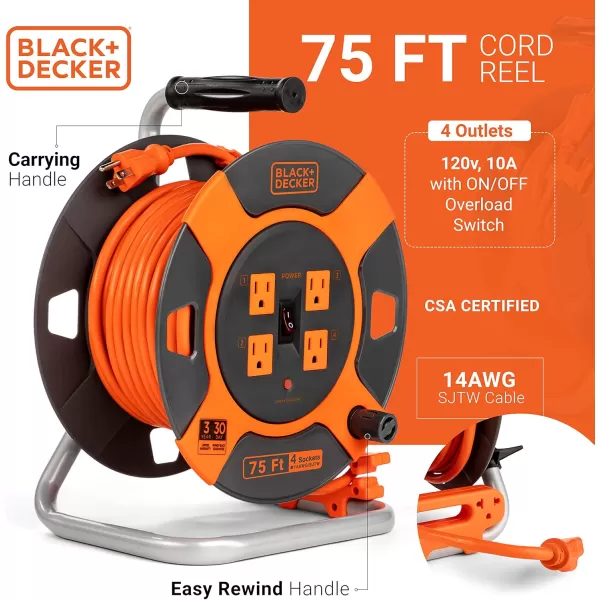 BLACK+DECKER 75 Ft. Retractable Extension Cord Reel With 4 Outlets, Multi-Plug Extension, Easy Handle Rewind &amp; Heavy-Duty 14AWG SJTW Cable