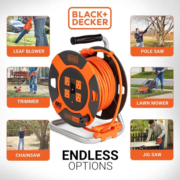 BLACK+DECKER 75 Ft. Retractable Extension Cord Reel With 4 Outlets, Multi-Plug Extension, Easy Handle Rewind &amp; Heavy-Duty 14AWG SJTW Cable