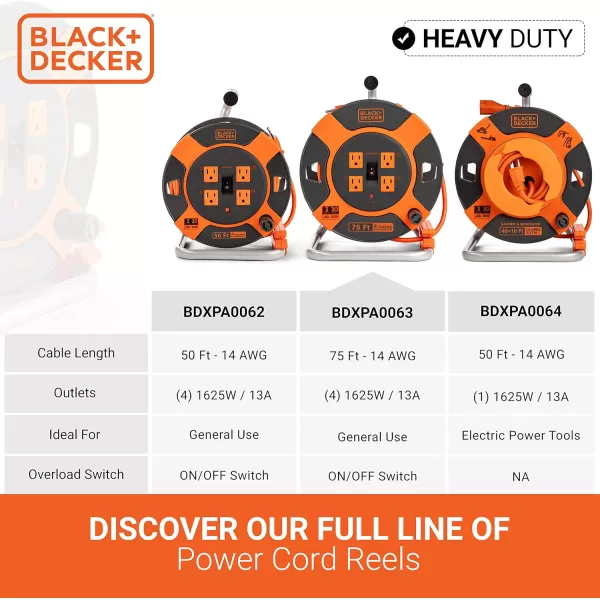 BLACK+DECKER 75 Ft. Retractable Extension Cord Reel With 4 Outlets, Multi-Plug Extension, Easy Handle Rewind &amp; Heavy-Duty 14AWG SJTW Cable