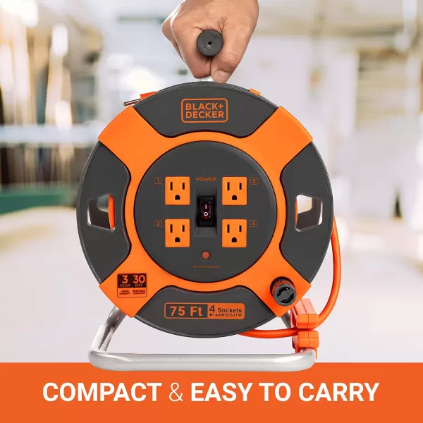BLACK+DECKER 75 Ft. Retractable Extension Cord Reel With 4 Outlets, Multi-Plug Extension, Easy Handle Rewind &amp; Heavy-Duty 14AWG SJTW Cable