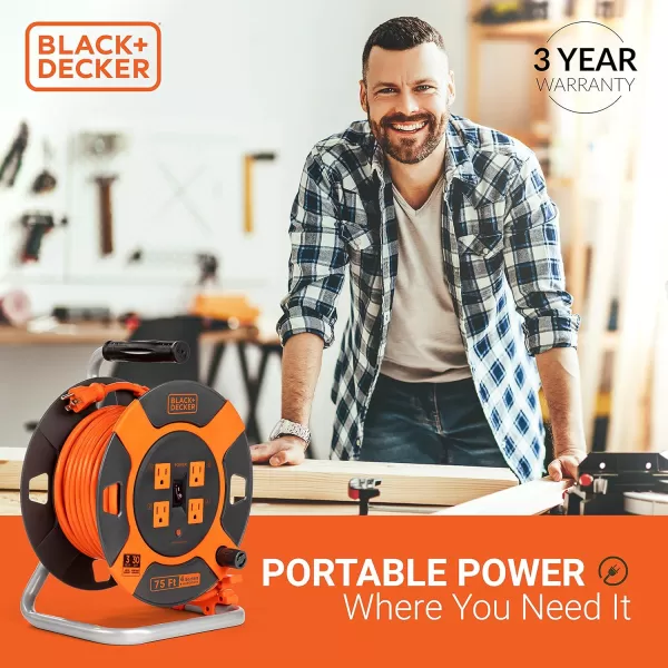 BLACK+DECKER 75 Ft. Retractable Extension Cord Reel With 4 Outlets, Multi-Plug Extension, Easy Handle Rewind &amp; Heavy-Duty 14AWG SJTW Cable