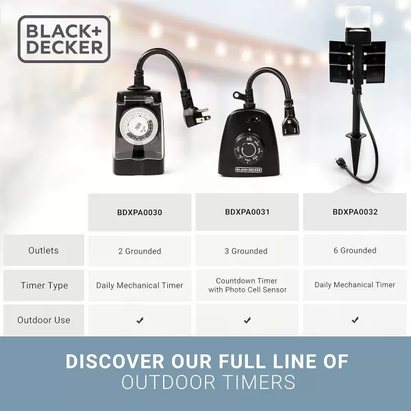 BLACK+DECKER Garden Timer Stake with 6 Grounded Outlets - Waterproof Outlet Timer with 30-Minute Intervals for Lights, Tools - Outdoor Power Stake with Overload Protection - Premium Light Timers
