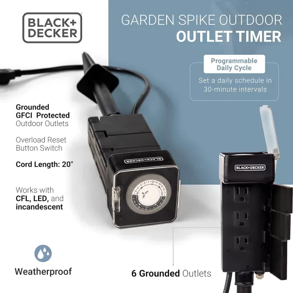 BLACK+DECKER Garden Timer Stake with 6 Grounded Outlets - Waterproof Outlet Timer with 30-Minute Intervals for Lights, Tools - Outdoor Power Stake with Overload Protection - Premium Light Timers
