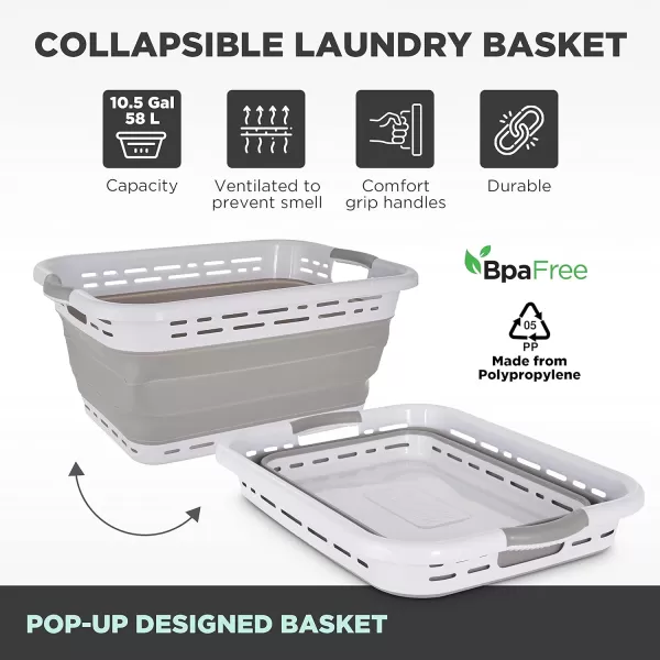 BLACK+DECKER Large 25" Slim Collapsible Plastic Laundry Basket, Space Saving Portable Pop Up Storage &amp; Organization Basket, 3" High When Folded, Dual Comfort Grip Handles, Grey &amp; White…