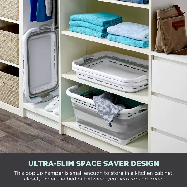 BLACK+DECKER Large 25" Slim Collapsible Plastic Laundry Basket, Space Saving Portable Pop Up Storage &amp; Organization Basket, 3" High When Folded, Dual Comfort Grip Handles, Grey &amp; White…