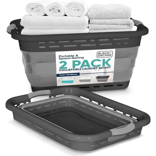 BLACK+DECKER Large 25" Slim Collapsible Plastic Laundry Basket, Space Saving Portable Pop Up Storage &amp; Organization Basket, 3" High When Folded, Dual Comfort Grip Handles, Grey &amp; White…