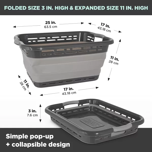 BLACK+DECKER Large 25" Slim Collapsible Plastic Laundry Basket, Space Saving Portable Pop Up Storage &amp; Organization Basket, 3" High When Folded, Dual Comfort Grip Handles, Grey &amp; White…