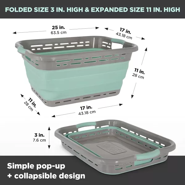 BLACK+DECKER Large 25" Slim Collapsible Plastic Laundry Basket, Space Saving Portable Pop Up Storage &amp; Organization Basket, 3" High When Folded, Dual Comfort Grip Handles, Grey &amp; White…