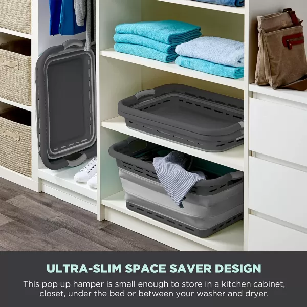BLACK+DECKER Large 25" Slim Collapsible Plastic Laundry Basket, Space Saving Portable Pop Up Storage &amp; Organization Basket, 3" High When Folded, Dual Comfort Grip Handles, Grey &amp; White…