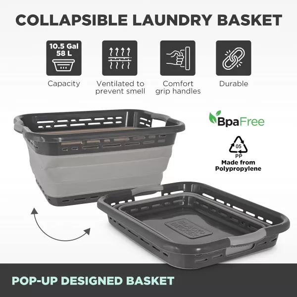BLACK+DECKER Large 25" Slim Collapsible Plastic Laundry Basket, Space Saving Portable Pop Up Storage &amp; Organization Basket, 3" High When Folded, Dual Comfort Grip Handles, Grey &amp; White…