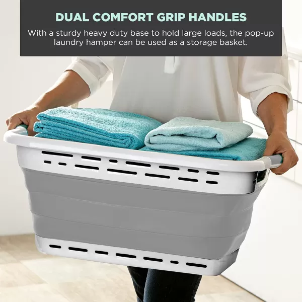 BLACK+DECKER Large 25" Slim Collapsible Plastic Laundry Basket, Space Saving Portable Pop Up Storage &amp; Organization Basket, 3" High When Folded, Dual Comfort Grip Handles, Grey &amp; White…