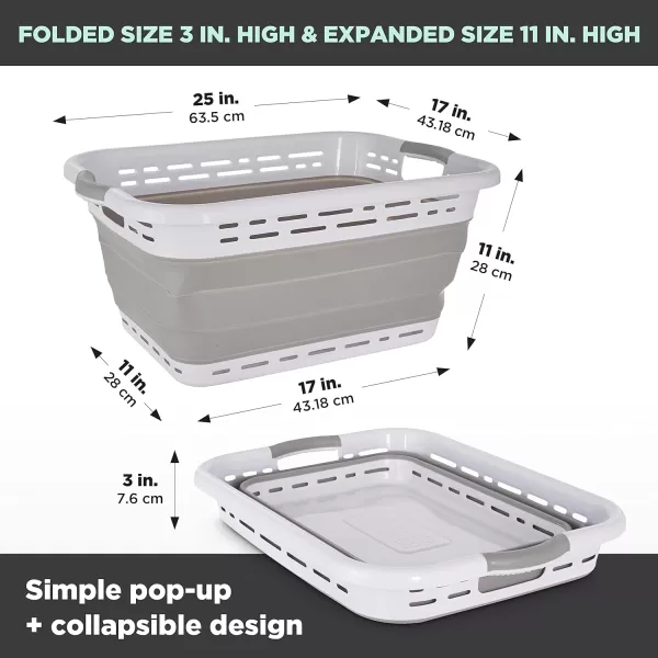 BLACK+DECKER Large 25" Slim Collapsible Plastic Laundry Basket, Space Saving Portable Pop Up Storage &amp; Organization Basket, 3" High When Folded, Dual Comfort Grip Handles, Grey &amp; White…