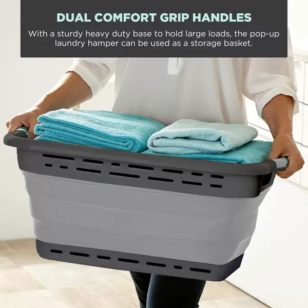 BLACK+DECKER Large 25" Slim Collapsible Plastic Laundry Basket, Space Saving Portable Pop Up Storage &amp; Organization Basket, 3" High When Folded, Dual Comfort Grip Handles, Grey &amp; White…