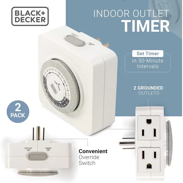 BLACK+DECKER Light Timers, Indoor, Programmable, 2 Pack, with 2 Grounded Outlets- Analog Timer Outlet with 30 Minute Intervals for Lights, Lamps, Appliances - Electric Timer with Override Switch