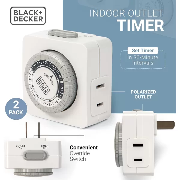 BLACK+DECKER Light Timers, Indoor, Programmable, 2 Pack, with Polarized Outlet - Analog Timer Outlet with 30 Minute Intervals for Lights, Lamps, Appliances - Electric Timer with Override Switch