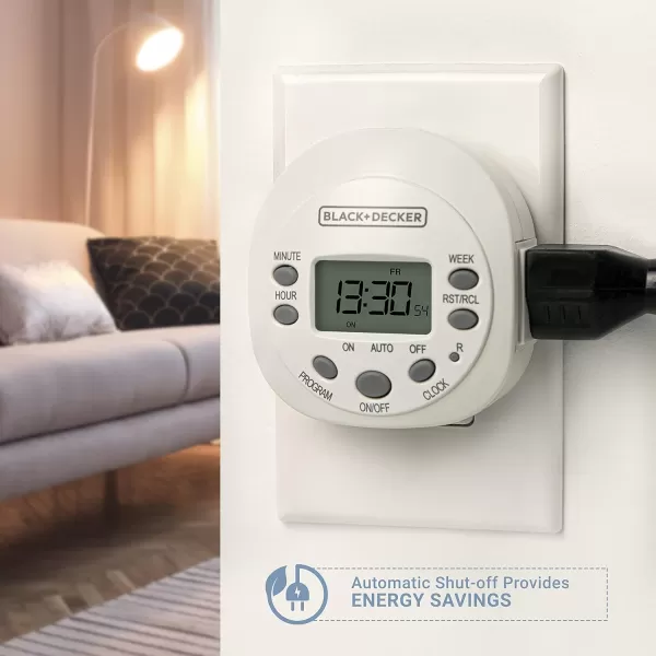 BLACK+DECKER Light Timers, Programmable, Indoor, 1 Pack, with Grounded Outlet - Compact Digital Timer Outlet with Daylight Savings Mode, 7-Day Weekly Settings - Plug Timer for Appliances, Lamps
