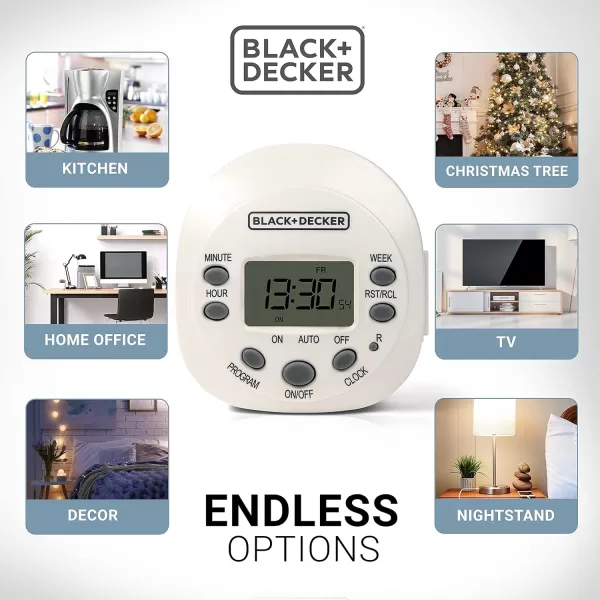 BLACK+DECKER Light Timers, Programmable, Indoor, 1 Pack, with Grounded Outlet - Compact Digital Timer Outlet with Daylight Savings Mode, 7-Day Weekly Settings - Plug Timer for Appliances, Lamps