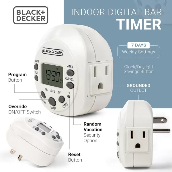 BLACK+DECKER Light Timers, Programmable, Indoor, 1 Pack, with Grounded Outlet - Compact Digital Timer Outlet with Daylight Savings Mode, 7-Day Weekly Settings - Plug Timer for Appliances, Lamps