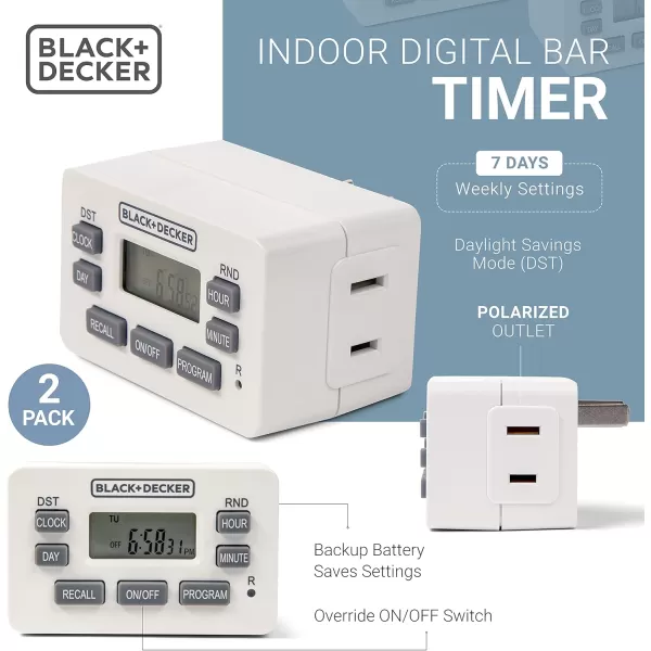 BLACK+DECKER Light Timers, Programmable, Indoor, 2 Pack, with Polarized Outlet - Compact Digital Timer Outlet with Daylight Savings Mode, 7-Day Weekly Settings - Plug Timer for Appliances, Lamps