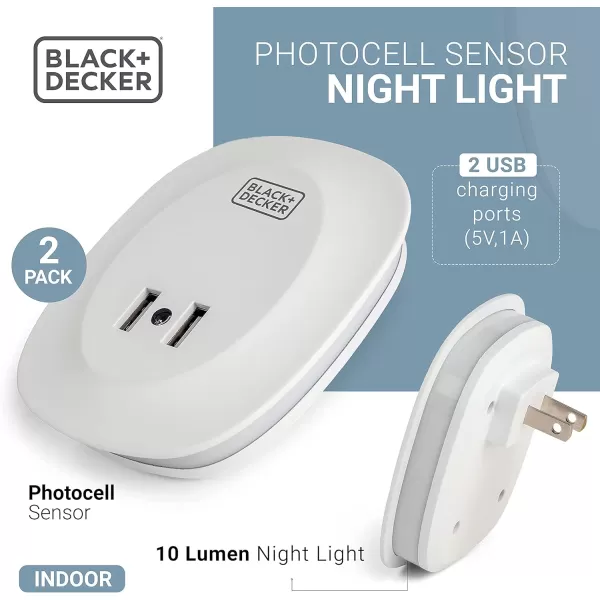 BLACK+DECKER Night Light Plug in with 2 USB Charging Ports, Photocell Sensor, 10 Lumen, 2 Pack