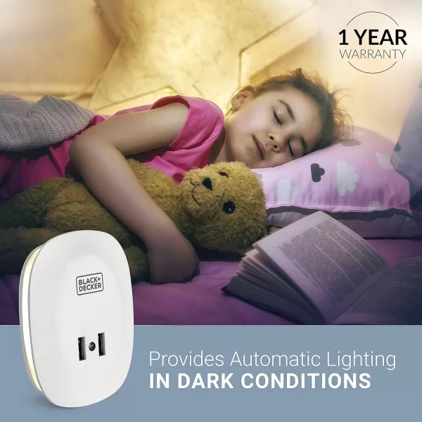 BLACK+DECKER Night Light Plug in with 2 USB Charging Ports, Photocell Sensor, 10 Lumen, 2 Pack