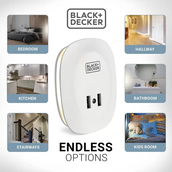 BLACK+DECKER Night Light Plug in with 2 USB Charging Ports, Photocell Sensor, 10 Lumen, 2 Pack