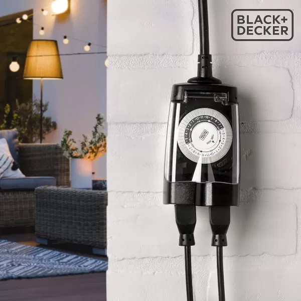 BLACK+DECKER Outdoor Timer, 2 Pack, with 2 Grounded Outlets - Waterproof Outlet Timer with 30-Minute Intervals for Lights, Holiday Decorations - Analog Light Timers with Outlet On/Timer On Switch