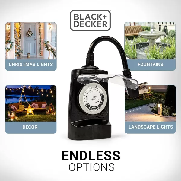 BLACK+DECKER Outdoor Timer, 2 Pack, with 2 Grounded Outlets - Waterproof Outlet Timer with 30-Minute Intervals for Lights, Holiday Decorations - Analog Light Timers with Outlet On/Timer On Switch