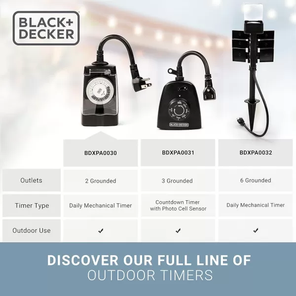 BLACK+DECKER Outdoor Timer, 2 Pack, with 2 Grounded Outlets - Waterproof Outlet Timer with 30-Minute Intervals for Lights, Holiday Decorations - Analog Light Timers with Outlet On/Timer On Switch