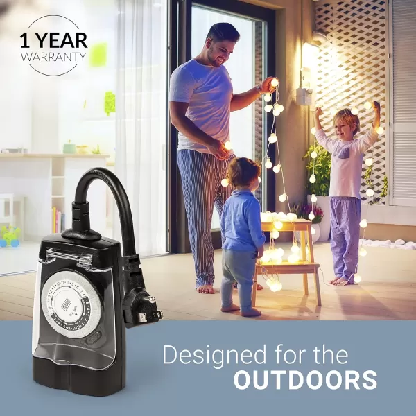 BLACK+DECKER Outdoor Timer, 2 Pack, with 2 Grounded Outlets - Waterproof Outlet Timer with 30-Minute Intervals for Lights, Holiday Decorations - Analog Light Timers with Outlet On/Timer On Switch