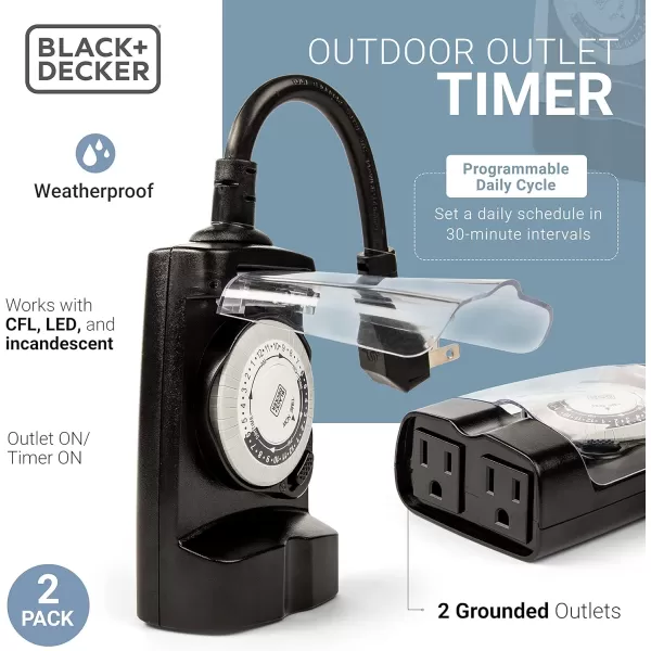 BLACK+DECKER Outdoor Timer, 2 Pack, with 2 Grounded Outlets - Waterproof Outlet Timer with 30-Minute Intervals for Lights, Holiday Decorations - Analog Light Timers with Outlet On/Timer On Switch