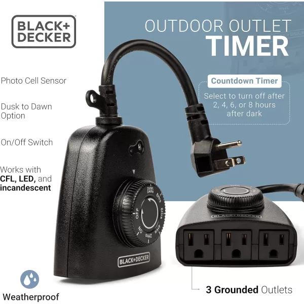 BLACK+DECKER Outdoor Timer with 3 Grounded Outlets - Waterproof Outlet Timer with Countdown, Dusk to Dawn Timer for Lights, Holiday Decorations - Durable Light Timers with Photocell Sensor
