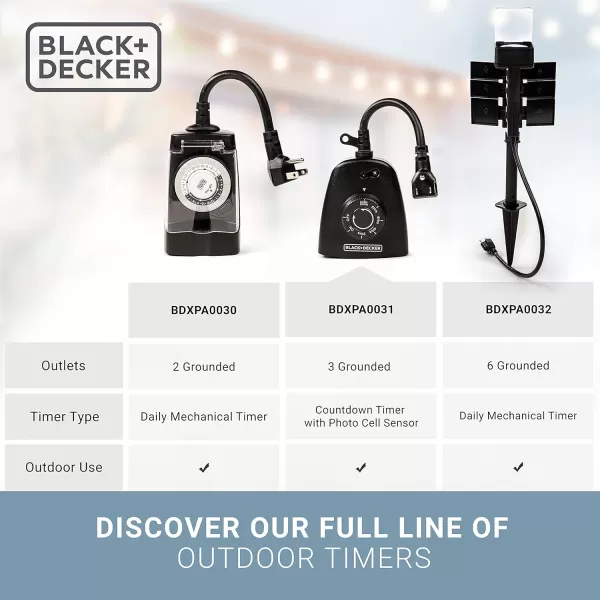 BLACK+DECKER Outdoor Timer with 3 Grounded Outlets - Waterproof Outlet Timer with Countdown, Dusk to Dawn Timer for Lights, Holiday Decorations - Durable Light Timers with Photocell Sensor