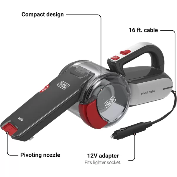 BLACK+DECKER Pivot Vac 12V DC Car Handheld Vacuum, Black 
