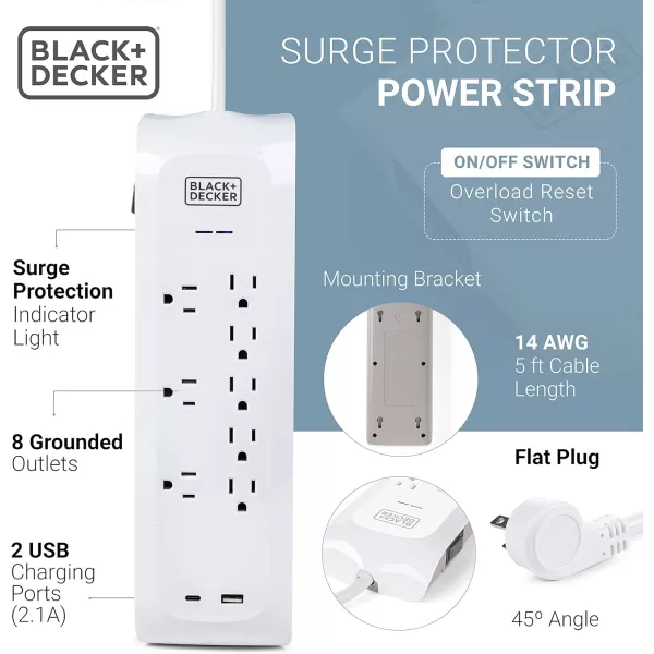 BLACK+DECKER Power Strip Extension Cord with 8 Grounded Outlets, USB Port, USB-C Port, 5.5 ft Cable - Indoor Charging Station Outlet Strip with Flat Plug - Premium Electrical Outlets &amp; Accessories