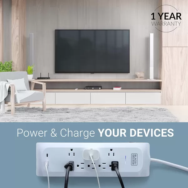 BLACK+DECKER Power Strip Extension Cord with 8 Grounded Outlets, USB Port, USB-C Port, 5.5 ft Cable - Indoor Charging Station Outlet Strip with Flat Plug - Premium Electrical Outlets &amp; Accessories