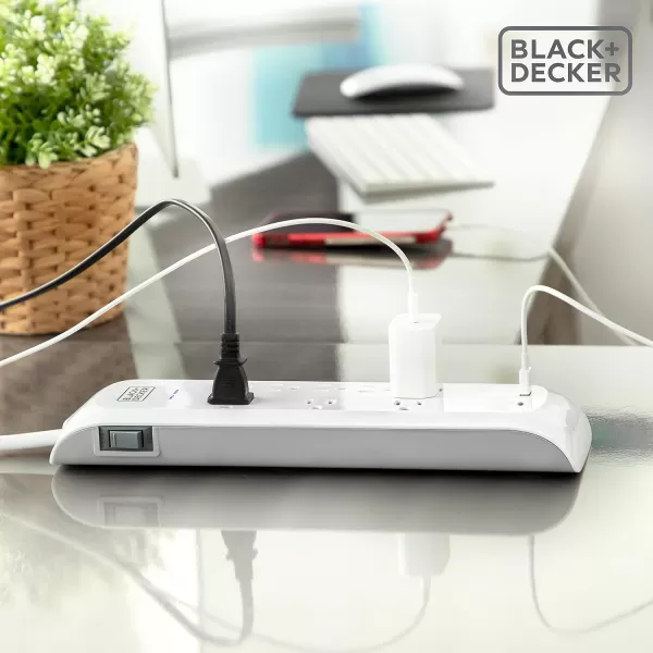 BLACK+DECKER Power Strip Extension Cord with 8 Grounded Outlets, USB Port, USB-C Port, 5.5 ft Cable - Indoor Charging Station Outlet Strip with Flat Plug - Premium Electrical Outlets &amp; Accessories