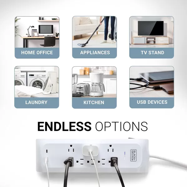 BLACK+DECKER Power Strip Extension Cord with 8 Grounded Outlets, USB Port, USB-C Port, 5.5 ft Cable - Indoor Charging Station Outlet Strip with Flat Plug - Premium Electrical Outlets &amp; Accessories