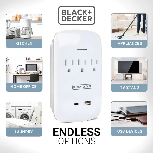 BLACK+DECKER Surge Protector Wall Mount with 3 Grounded Outlets, 2 USB Charging Ports - Power Adapter Tap and USB Wall Charger with USB-C, Indicator Light, Auto Shutdown - 3-Prong Power Outlet Plug