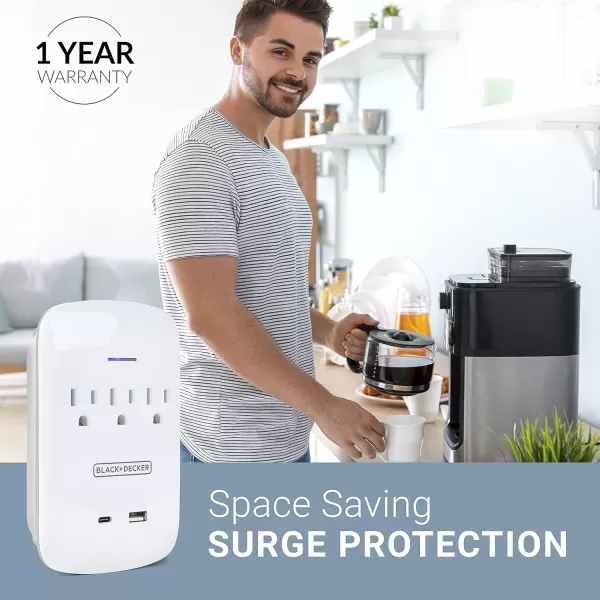 BLACK+DECKER Surge Protector Wall Mount with 3 Grounded Outlets, 2 USB Charging Ports - Power Adapter Tap and USB Wall Charger with USB-C, Indicator Light, Auto Shutdown - 3-Prong Power Outlet Plug