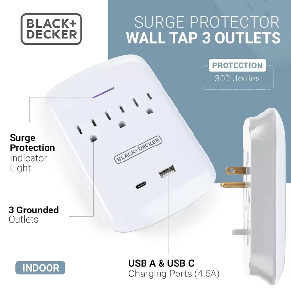 BLACK+DECKER Surge Protector Wall Mount with 3 Grounded Outlets, 2 USB Charging Ports - Power Adapter Tap and USB Wall Charger with USB-C, Indicator Light, Auto Shutdown - 3-Prong Power Outlet Plug