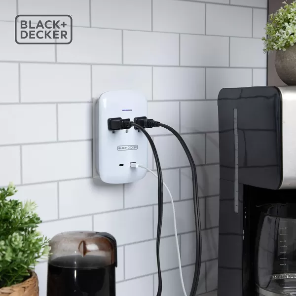 BLACK+DECKER Surge Protector Wall Mount with 3 Grounded Outlets, 2 USB Charging Ports - Power Adapter Tap and USB Wall Charger with USB-C, Indicator Light, Auto Shutdown - 3-Prong Power Outlet Plug