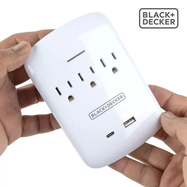 BLACK+DECKER Surge Protector Wall Mount with 3 Grounded Outlets, 2 USB Charging Ports - Power Adapter Tap and USB Wall Charger with USB-C, Indicator Light, Auto Shutdown - 3-Prong Power Outlet Plug
