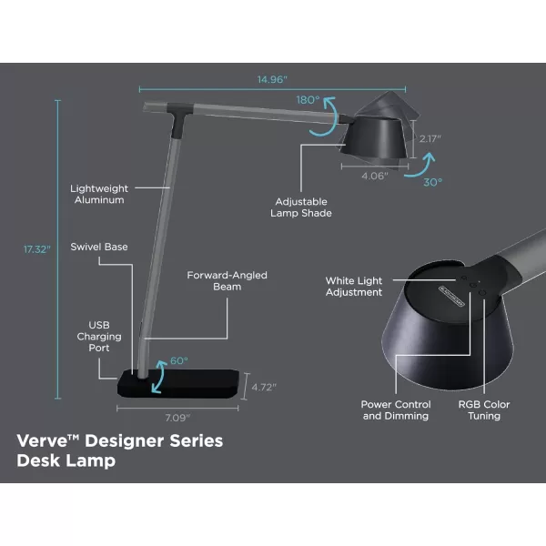 BLACK+DECKER Verve Designer Desk Lamp with USB Charging Port, True White LED + 16M RGB Colors